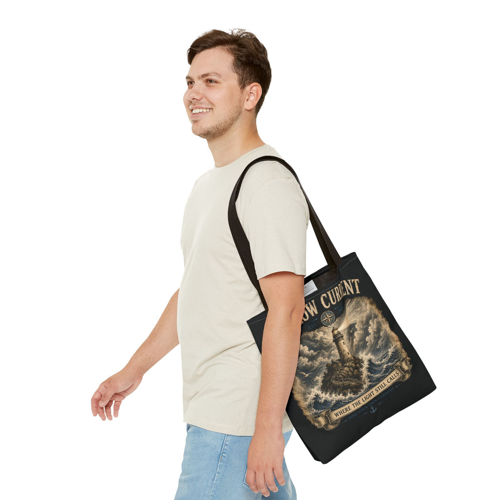 Hollow Current Lighthouse Tote Bag — “Where the Light Still Calls” All-Over Print