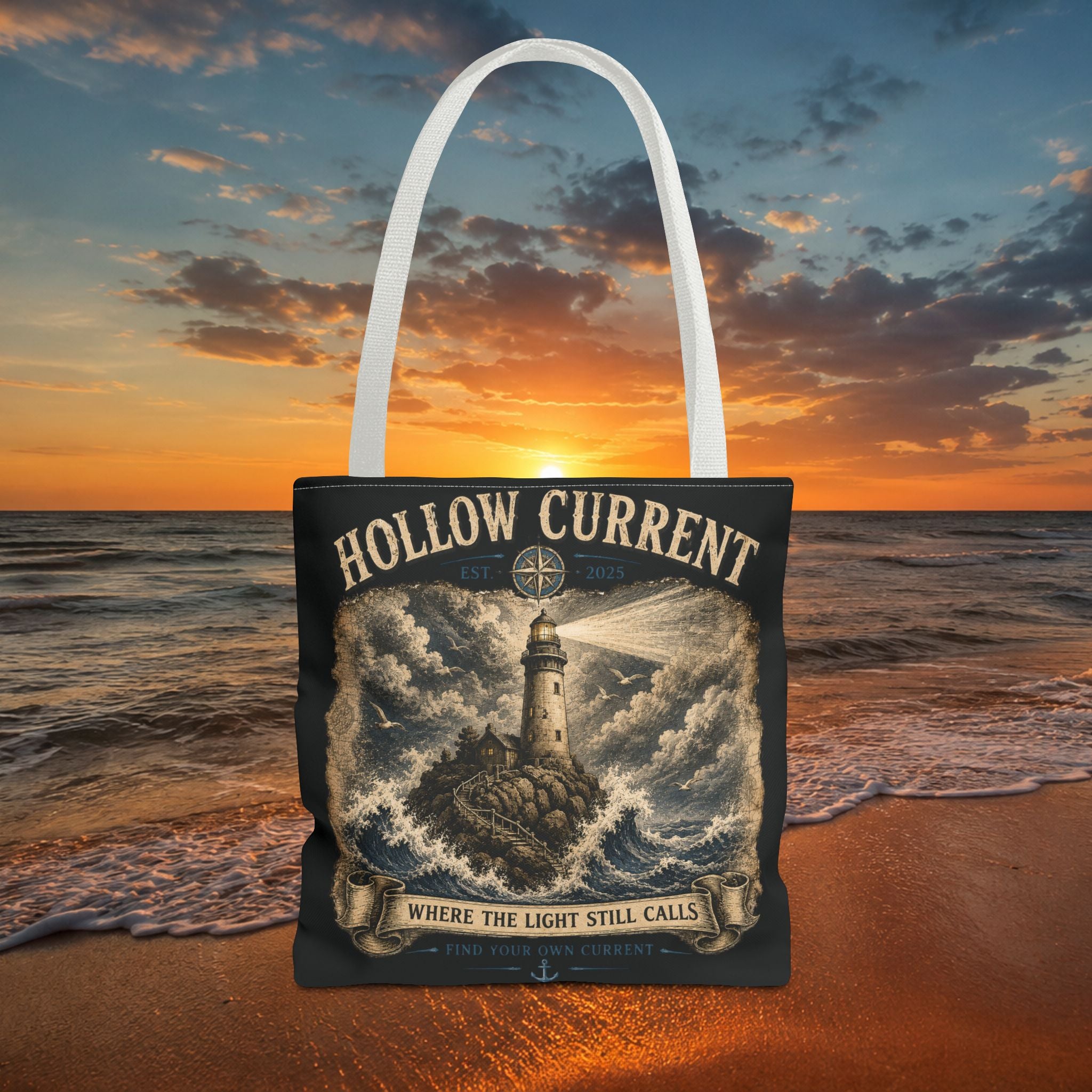Hollow Current Lighthouse Tote Bag — “Where the Light Still Calls” All-Over Print