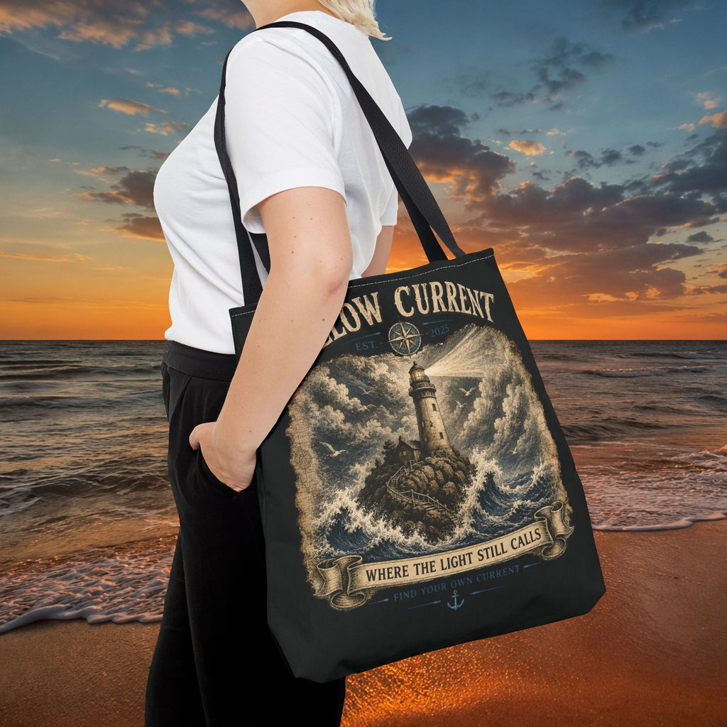 Hollow Current Lighthouse Tote Bag — “Where the Light Still Calls” All-Over Print