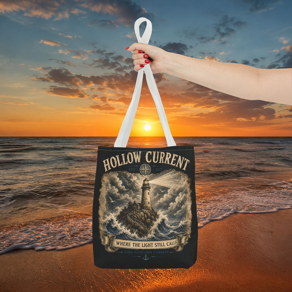Hollow Current Lighthouse Tote Bag — “Where the Light Still Calls” All-Over Print