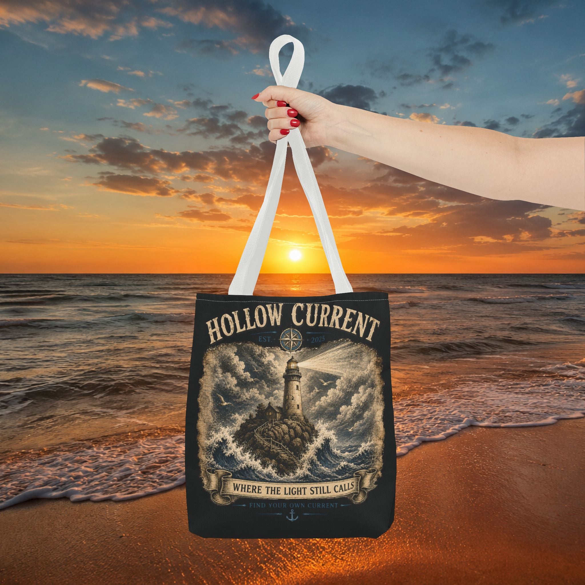 Hollow Current Lighthouse Tote Bag — “Where the Light Still Calls” All-Over Print