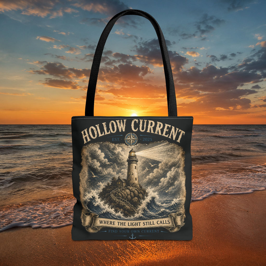 Hollow Current Lighthouse Tote Bag — “Where the Light Still Calls” All-Over Print