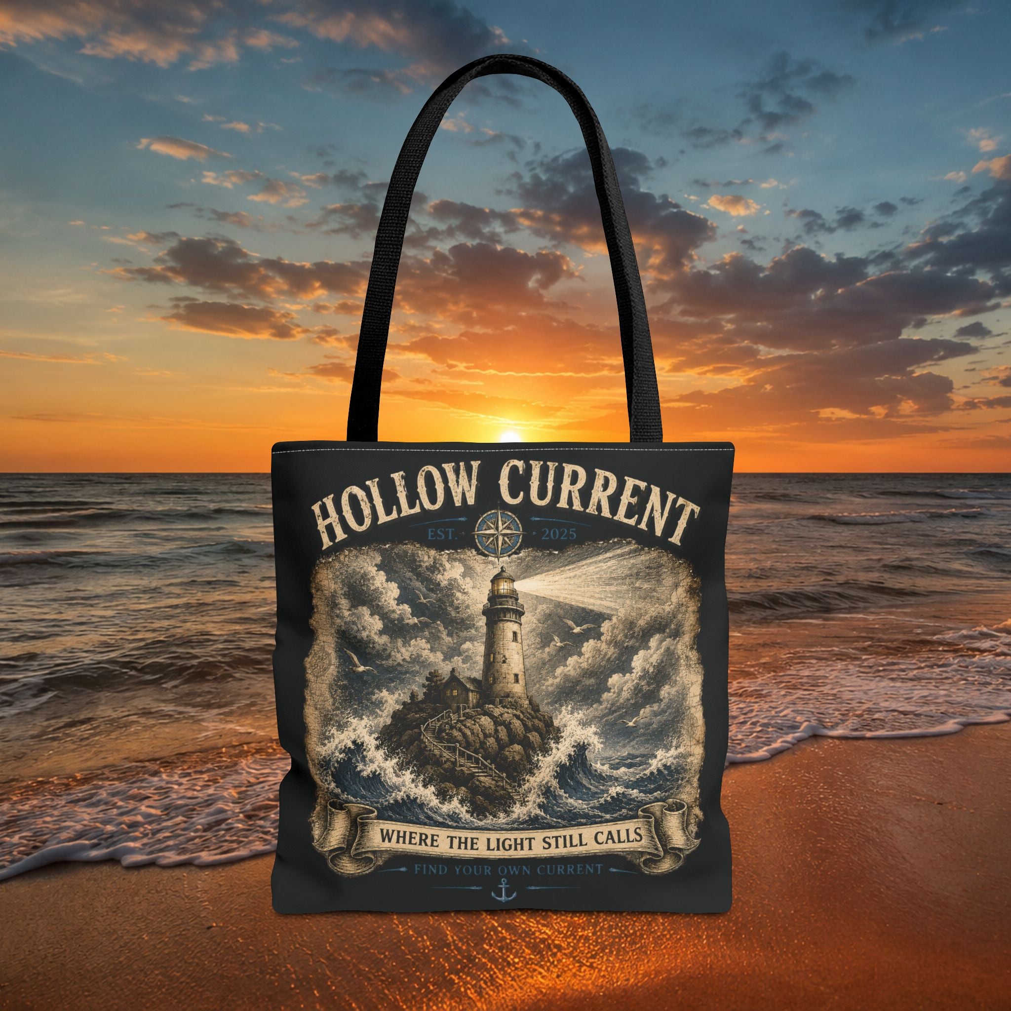 Hollow Current Lighthouse Tote Bag — “Where the Light Still Calls” All-Over Print