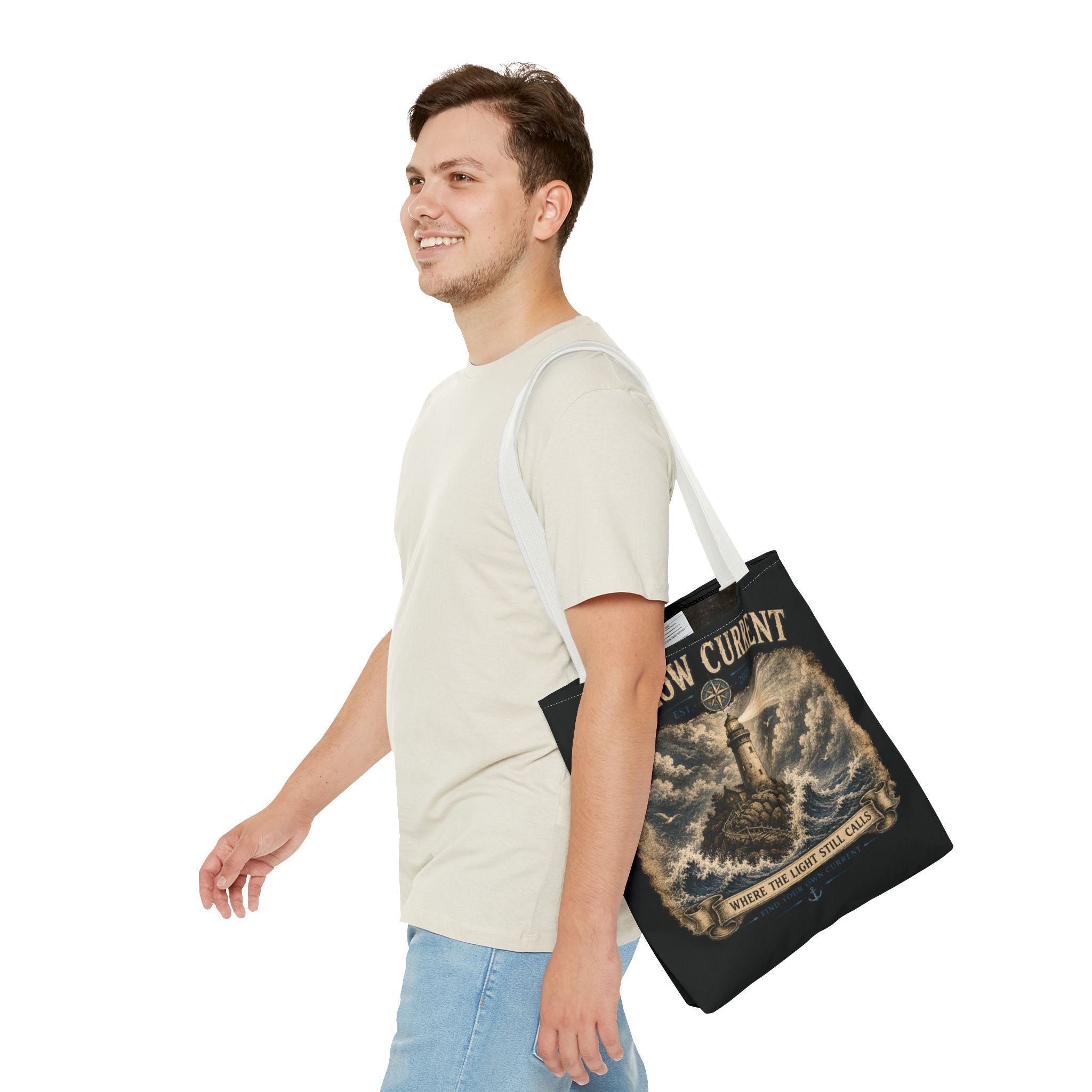 Hollow Current Lighthouse Tote Bag — “Where the Light Still Calls” All-Over Print