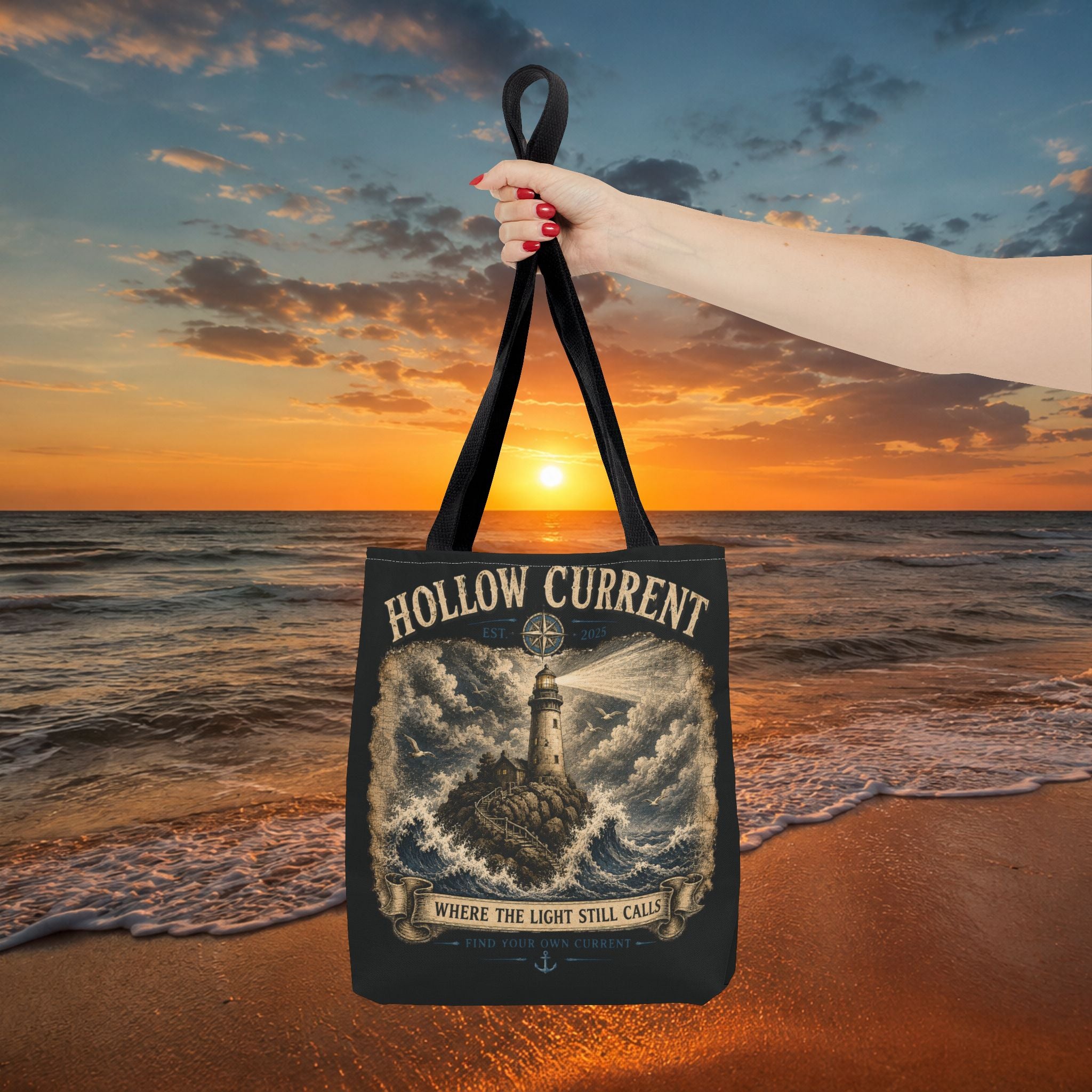 Hollow Current Lighthouse Tote Bag — “Where the Light Still Calls” All-Over Print