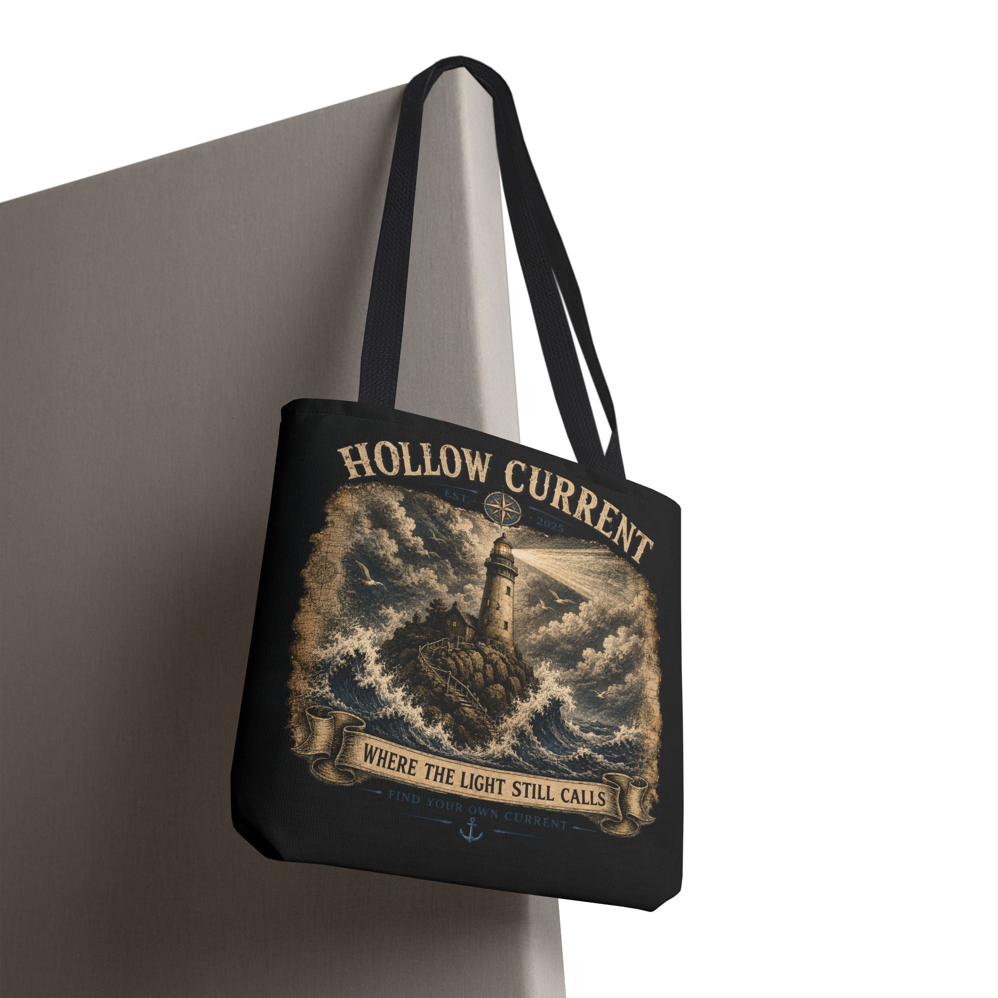 Hollow Current Lighthouse Tote Bag — “Where the Light Still Calls” All-Over Print