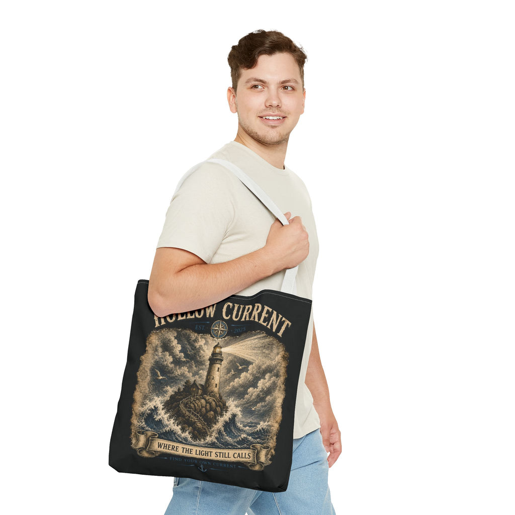Hollow Current Lighthouse Tote Bag — “Where the Light Still Calls” All-Over Print
