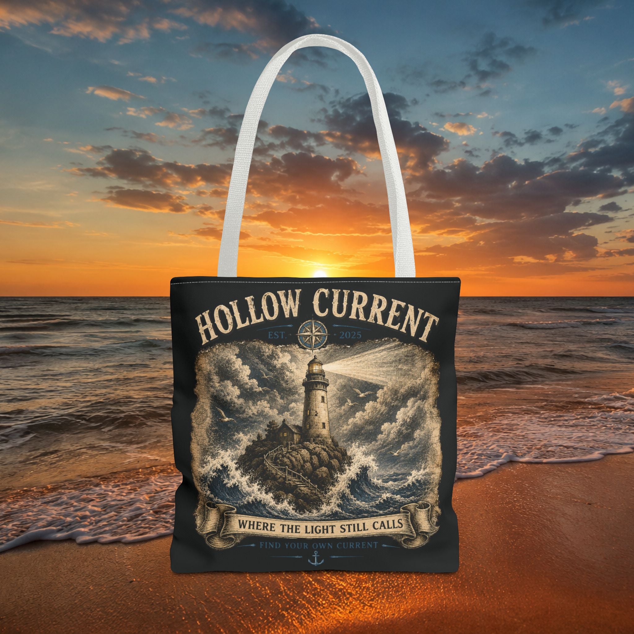 Hollow Current Lighthouse Tote Bag — “Where the Light Still Calls” All-Over Print