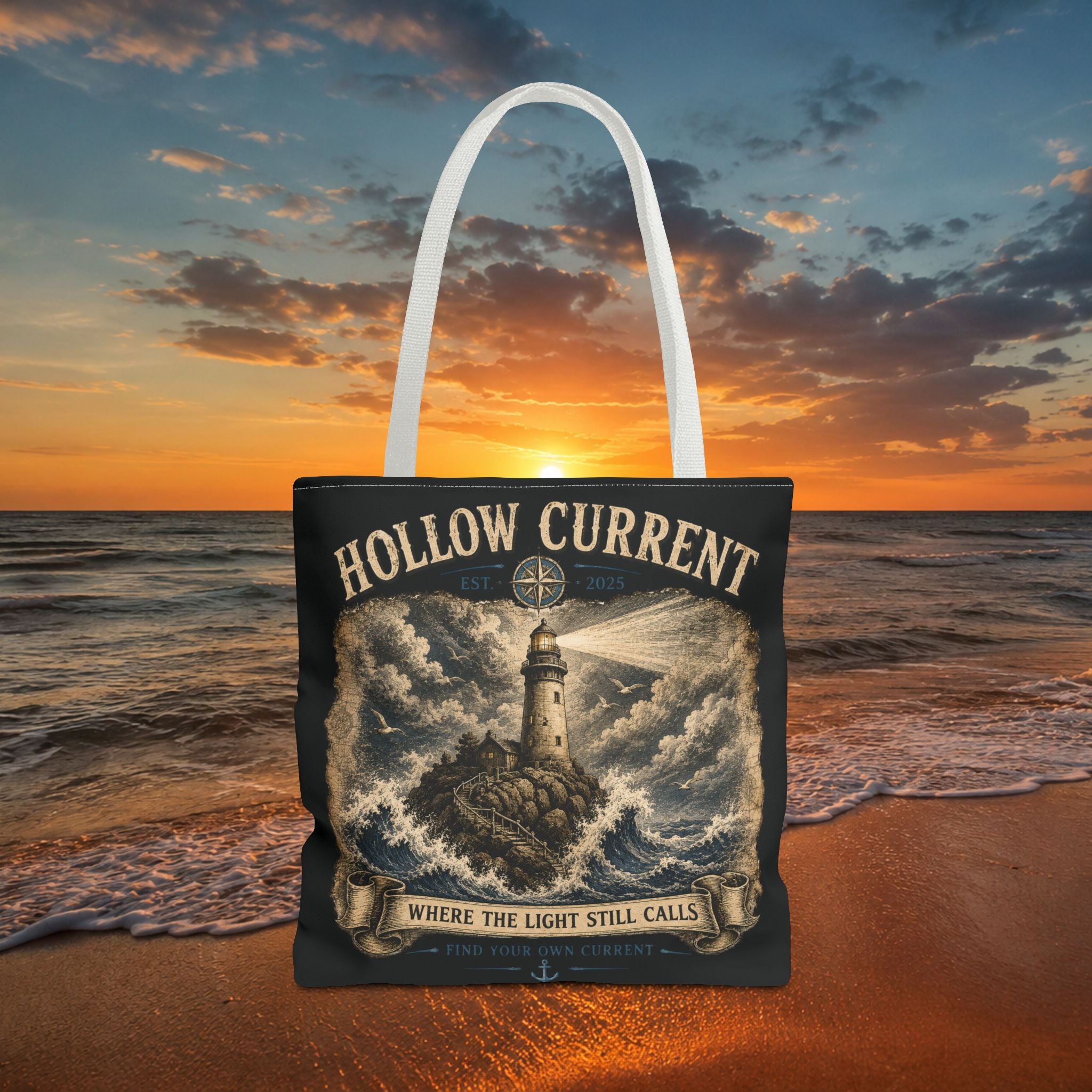 Hollow Current Lighthouse Tote Bag — “Where the Light Still Calls” All-Over Print