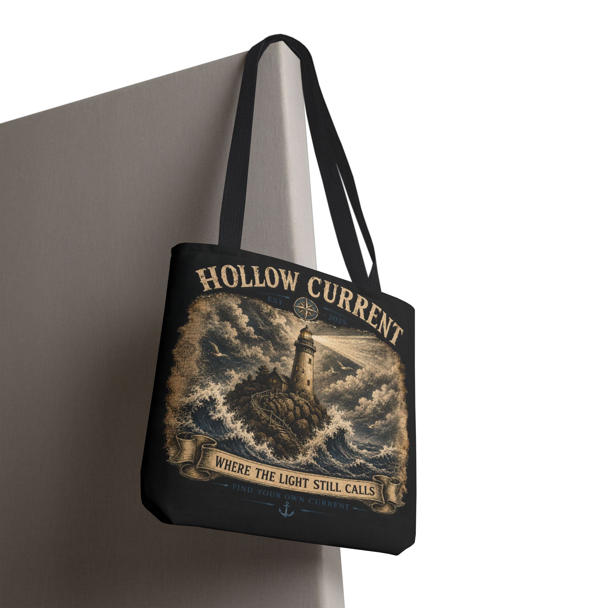 Hollow Current Lighthouse Tote Bag — “Where the Light Still Calls” All-Over Print