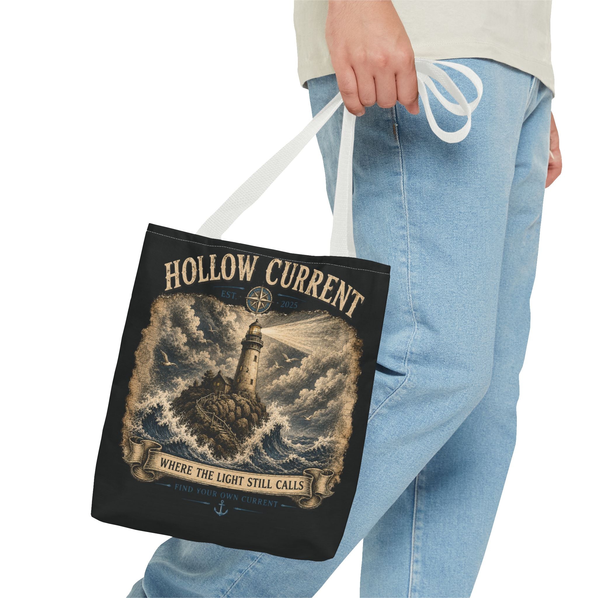 Hollow Current Lighthouse Tote Bag — “Where the Light Still Calls” All-Over Print