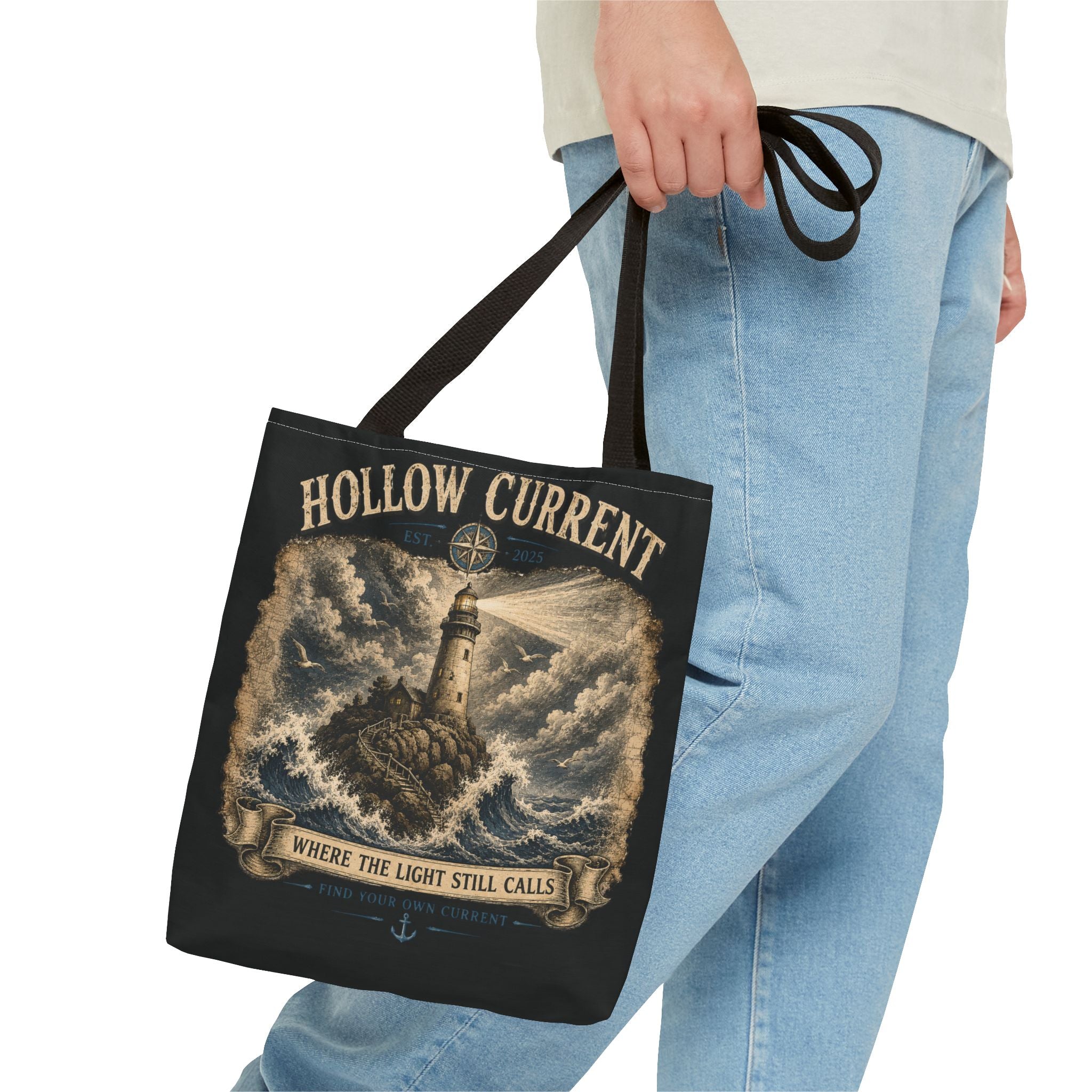 Hollow Current Lighthouse Tote Bag — “Where the Light Still Calls” All-Over Print