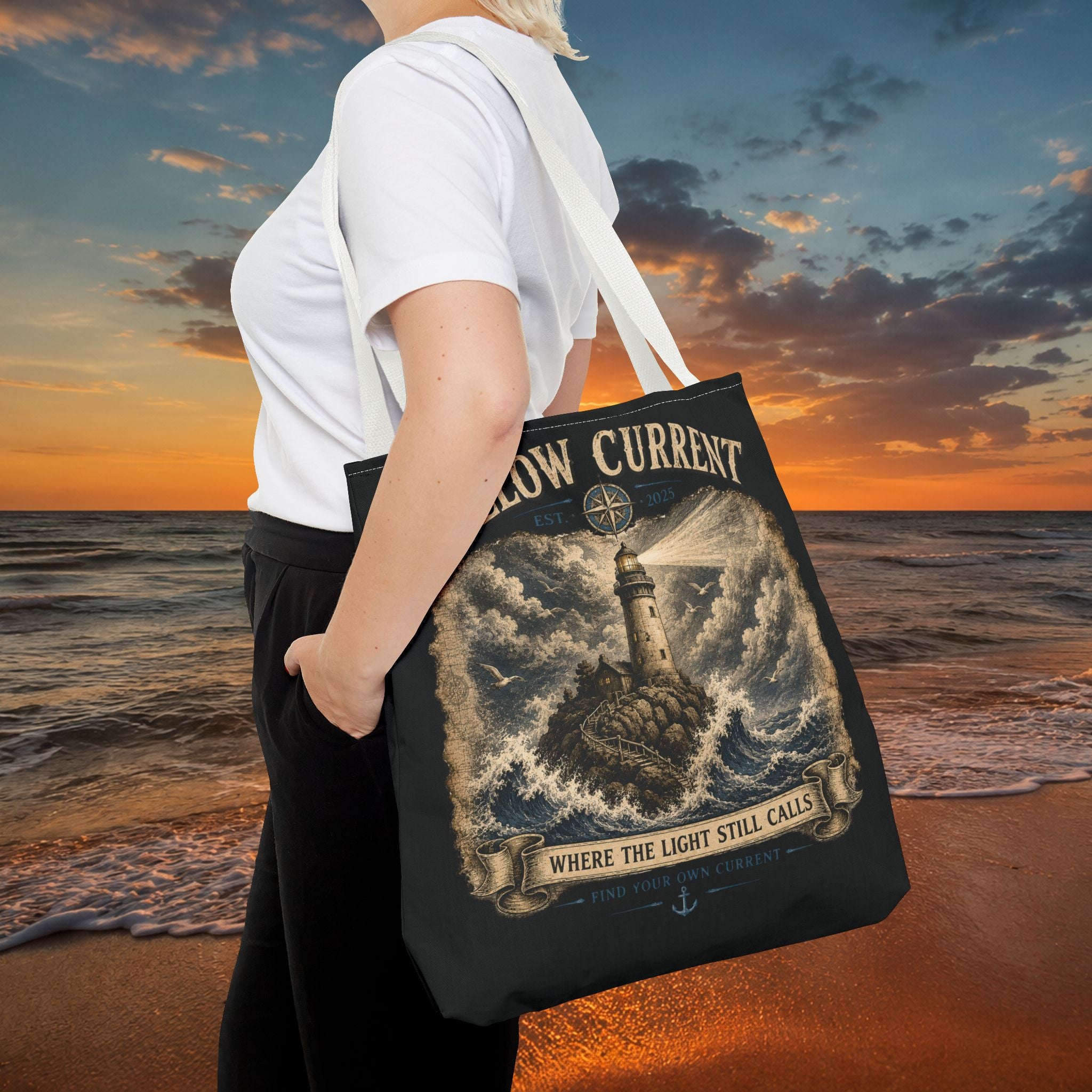 Hollow Current Lighthouse Tote Bag — “Where the Light Still Calls” All-Over Print