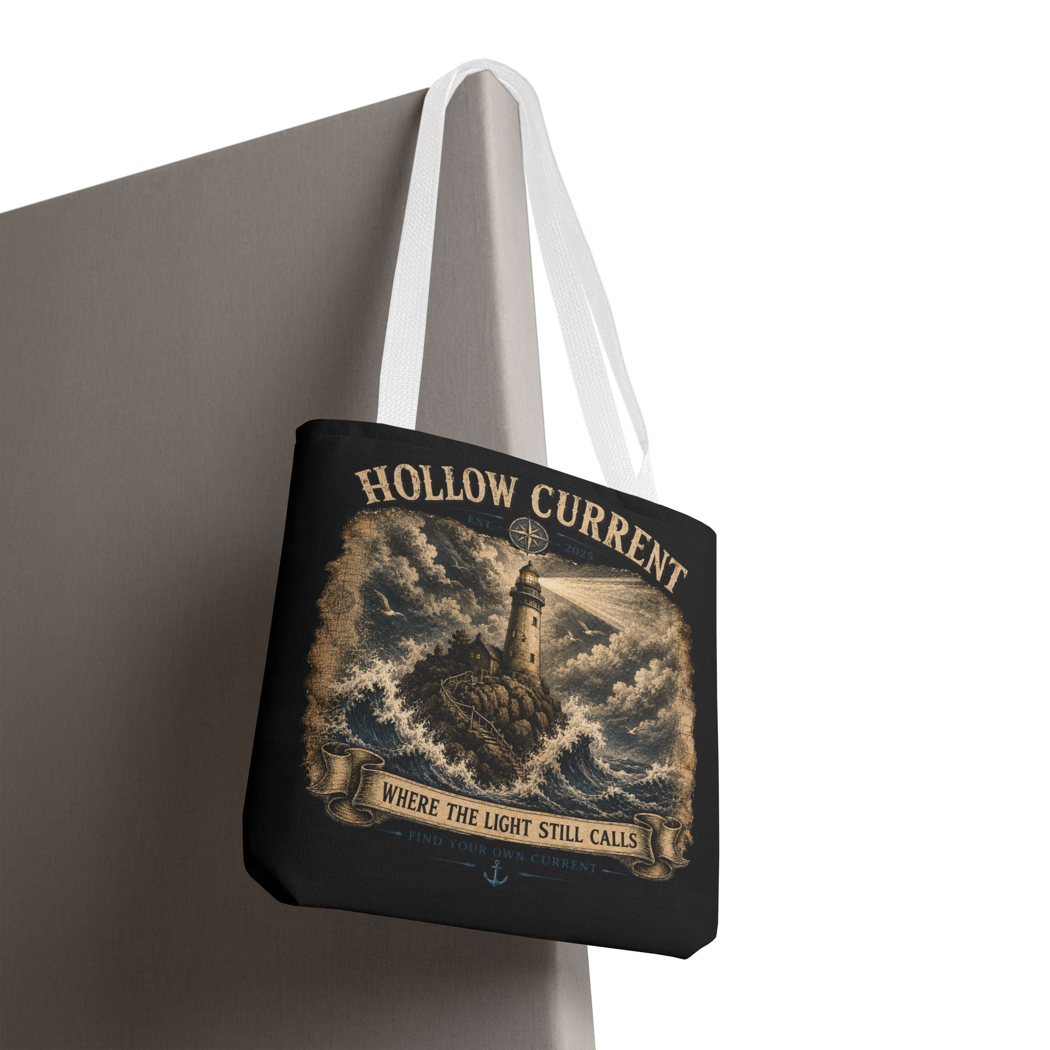 Hollow Current Lighthouse Tote Bag — “Where the Light Still Calls” All-Over Print