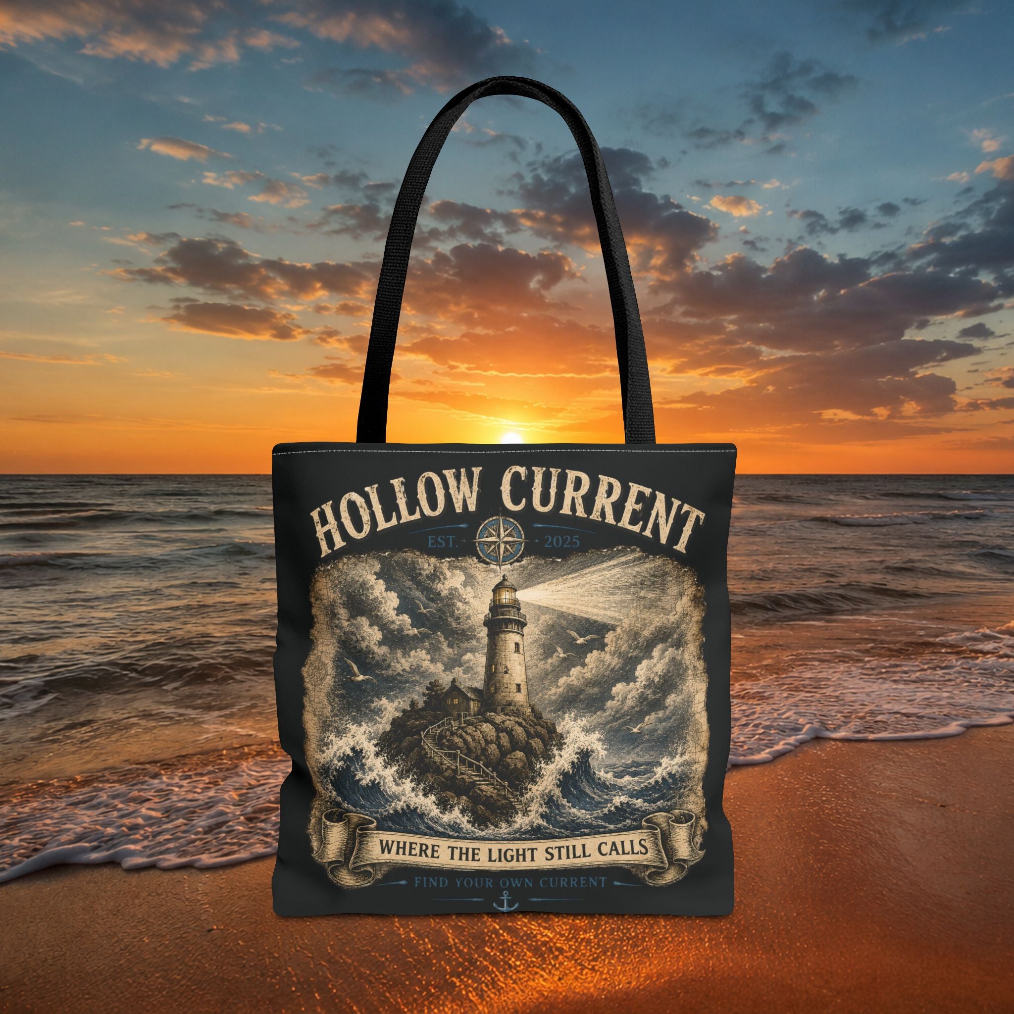 Hollow Current Lighthouse Tote Bag — “Where the Light Still Calls” All-Over Print