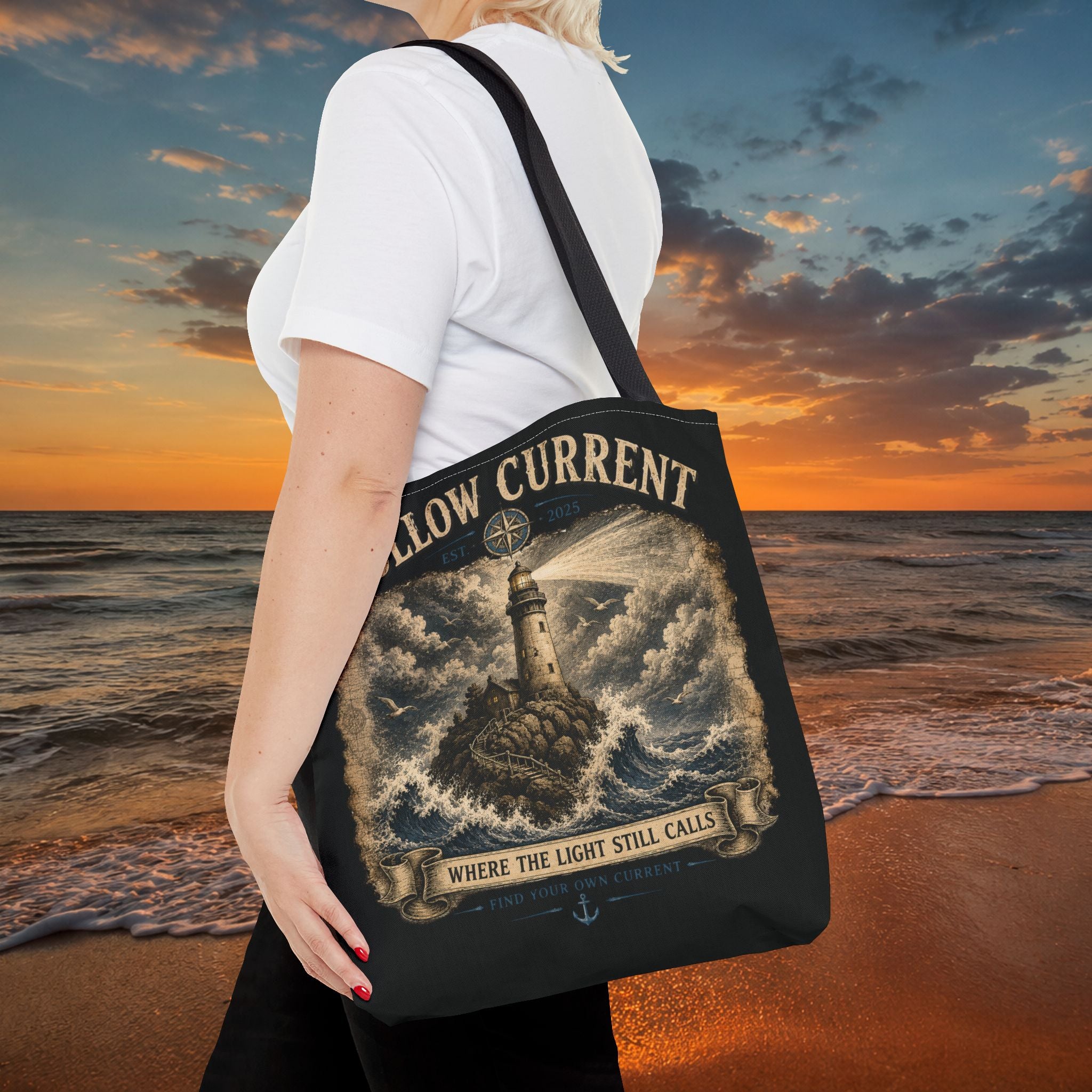 Hollow Current Lighthouse Tote Bag — “Where the Light Still Calls” All-Over Print